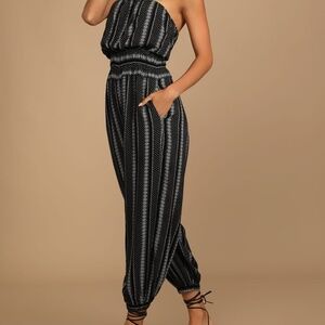 LULUS Global Adventurer Black and White Print Strapless Jumpsuit